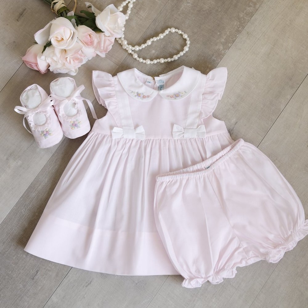 Pink Dress Set Feltman Brothers Embroidered Shoes Diaper Cover Size 6 Months NWT